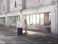Hot and voluptuous blonde runs around the building naked