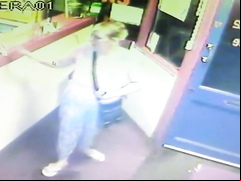 Blonde woman pisses right in front of the receptionist's desk